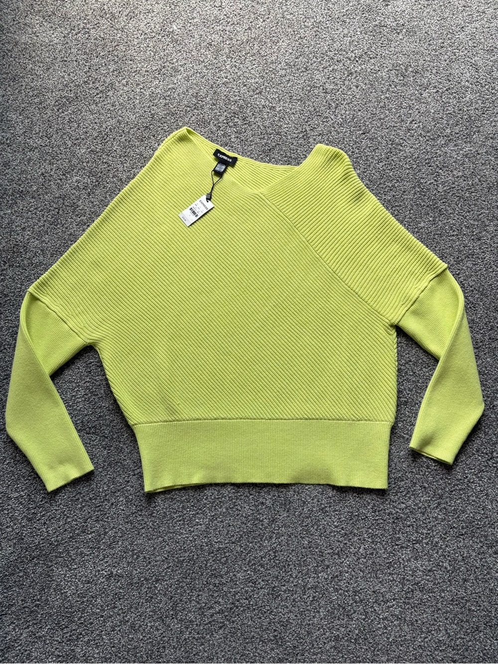 NWT Express Chartreuse Off The Shoulder Ribbed Knit Long Sleeve Sweater Size L